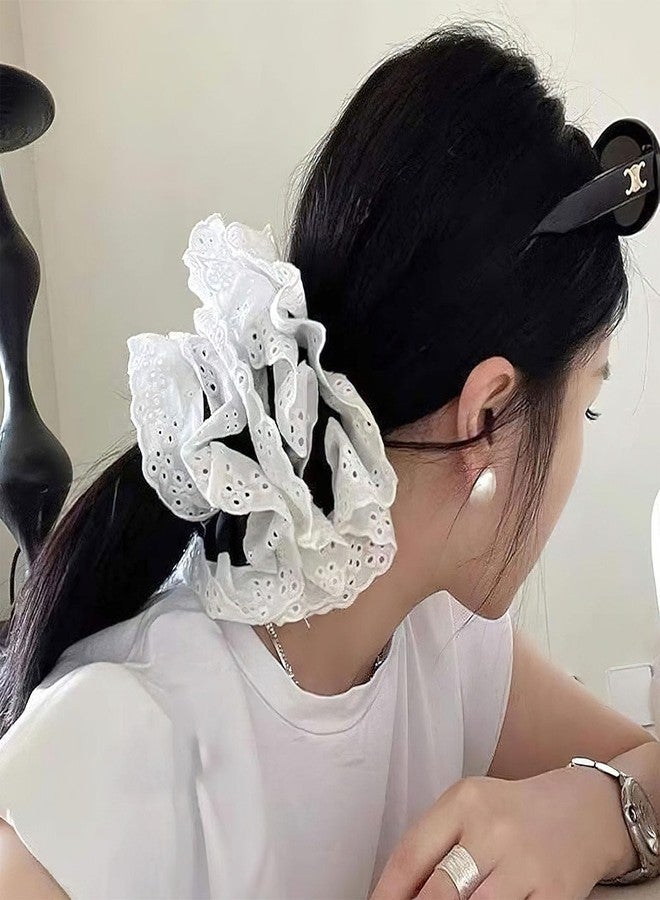 RED-SHYN 2 Pcs Large White Lace Scrunchies for Women, Lace Double Layer Fancy Satin Hair Scrunchie Elastic Hair Tie Ropes Thick Hair Bulk Scrunchies Accessories (White) - Image 5